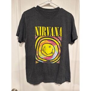 Nirvana Smiley Face Tie Dye Graphic Tee Charcoal Gray Heather Short Sleeve Shirt